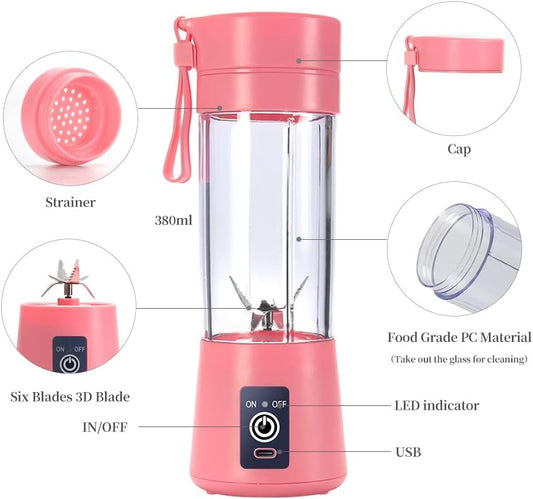 Portable Blender, Personal Juicer Cup, 380ml Handheld Fruit Mixer Machine USB Rechargeable with 6 Power Blades Travel Blender for Smoothies and Shakes (Pink)