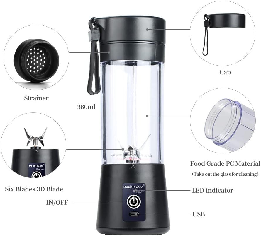 Portable Mixer Cup,Electric USB Juicer Blender,Mini Blender Portable Mixer for Shakes and Smoothies, Juice,380ml, Six Blades Perfect for Mixing,Bule
