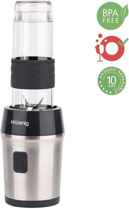 H.Koenig Mini Blender/Smoothie Maker Compact SMOO9, 570ml, BPA-free, 300W, Powerful, 2 bottles with travel lid, 4 stainless steel blades, Black