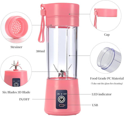 Portable Blender, Personal Juicer Cup, 380ml Handheld Fruit Mixer Machine USB Rechargeable with 6 Power Blades Travel Blender for Smoothies and Shakes (Pink)