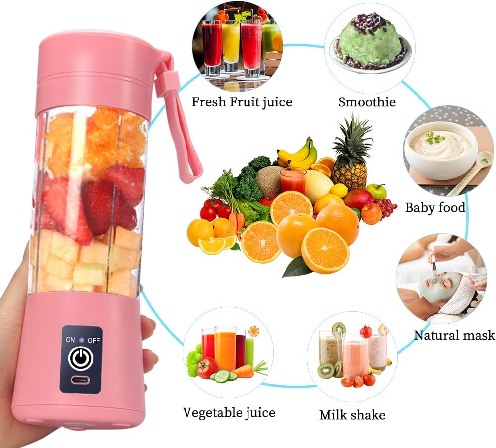 Portable Blender, Personal Juicer Cup, 380ml Handheld Fruit Mixer Machine USB Rechargeable with 6 Power Blades Travel Blender for Smoothies and Shakes (Pink)