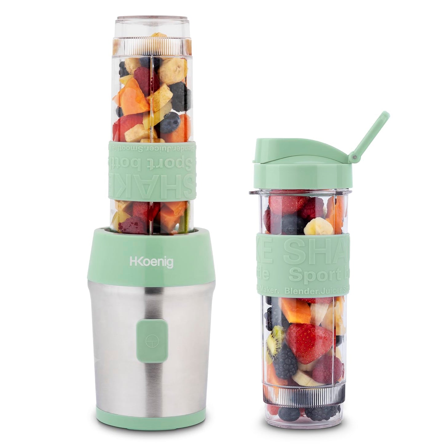 H.Koenig Mini Blender/Smoothie Maker Compact SMOO9, 570ml, BPA-free, 300W, Powerful, 2 bottles with travel lid, 4 stainless steel blades, Black