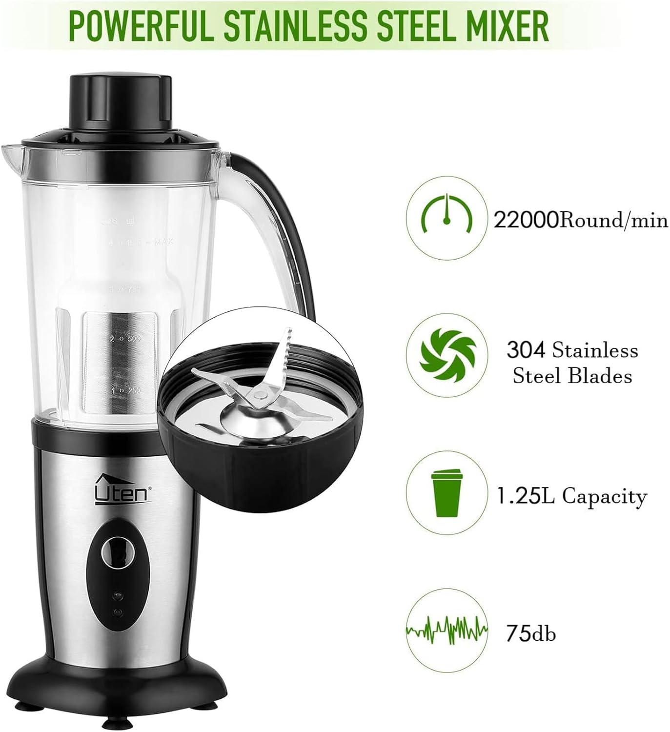 Smoothiemaker Uten Mixer Stainless Steel Mixer/Kitchen Robot 5-in-1 Multifunctional Blender, Fruit Press, Meat Grinder, Ice Breaker, Coffee Grinder with 600ml Travel Sports Bottles for Home Camping