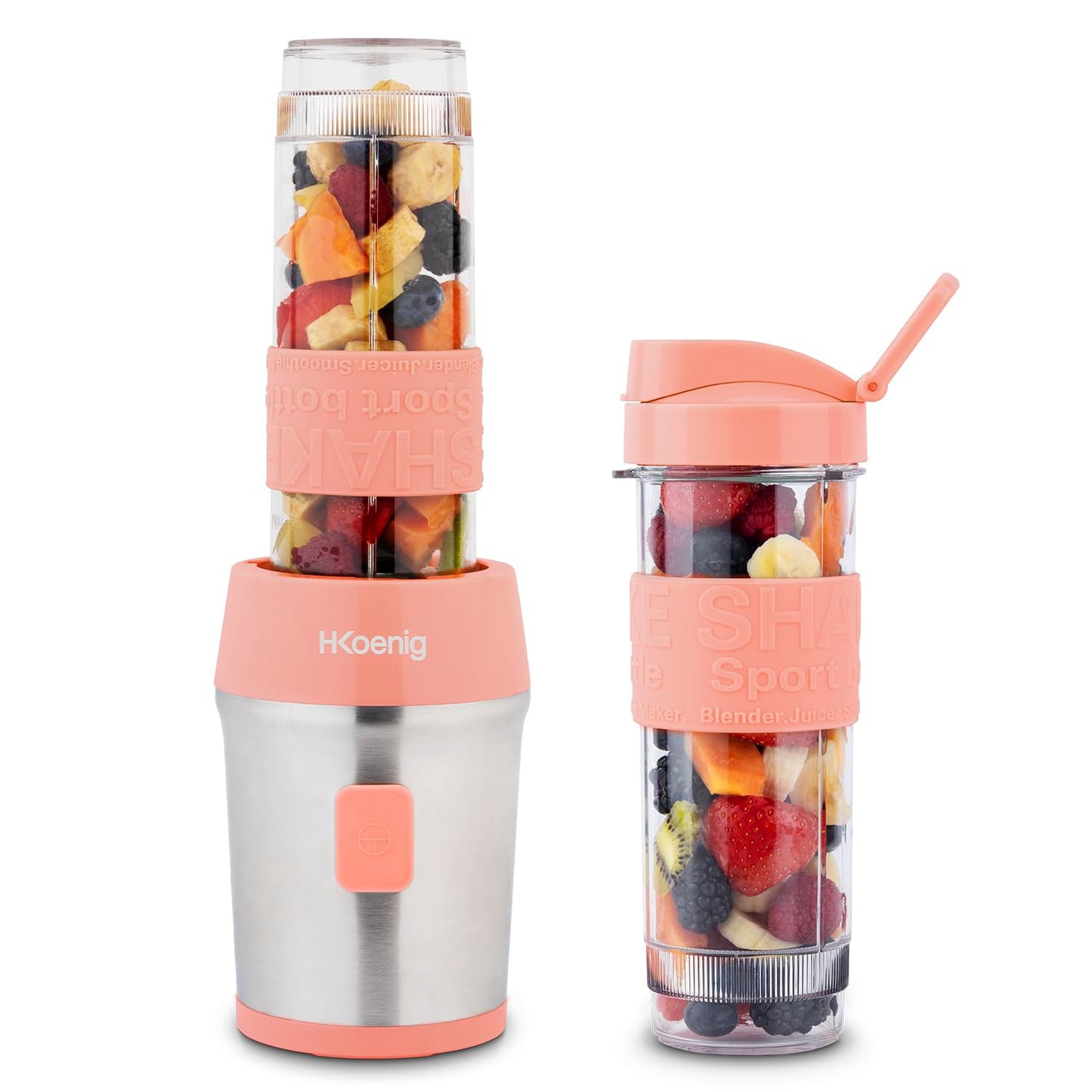 H.Koenig Mini Blender/Smoothie Maker Compact SMOO9, 570ml, BPA-free, 300W, Powerful, 2 bottles with travel lid, 4 stainless steel blades, Black
