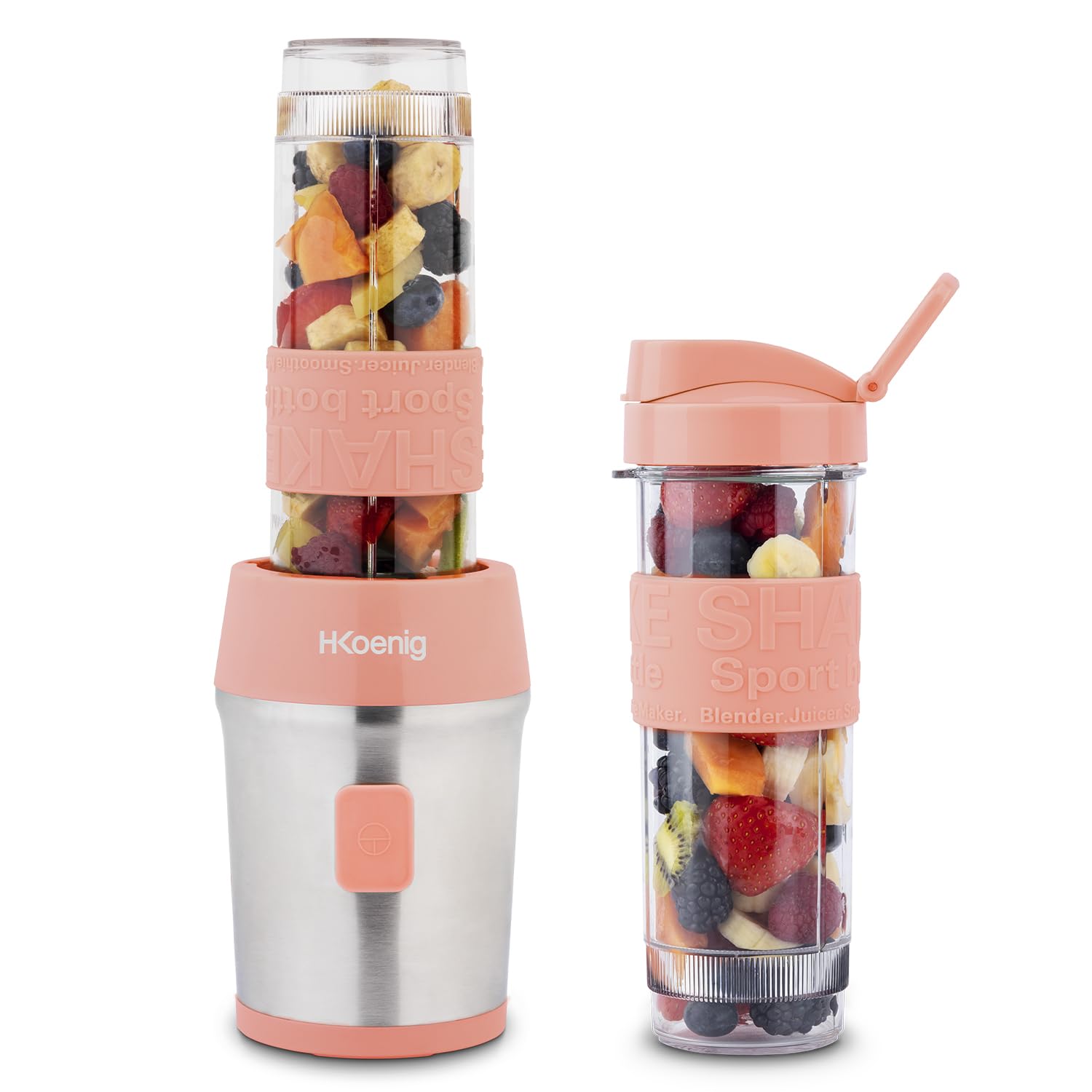 H.Koenig Mini Blender/Smoothie Maker Compact SMOO9, 570ml, BPA-free, 300W, Powerful, 2 bottles with travel lid, 4 stainless steel blades, Black