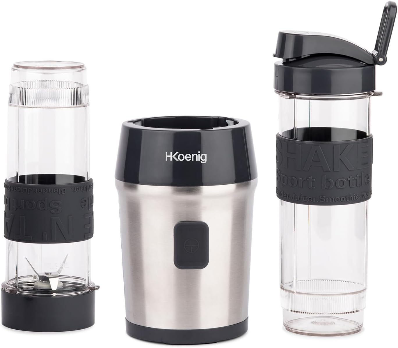 H.Koenig Mini Blender/Smoothie Maker Compact SMOO9, 570ml, BPA-free, 300W, Powerful, 2 bottles with travel lid, 4 stainless steel blades, Black