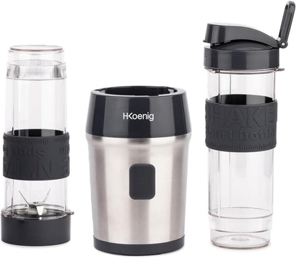 H.Koenig Mini Blender/Smoothie Maker Compact SMOO9, 570ml, BPA-free, 300W, Powerful, 2 bottles with travel lid, 4 stainless steel blades, Black