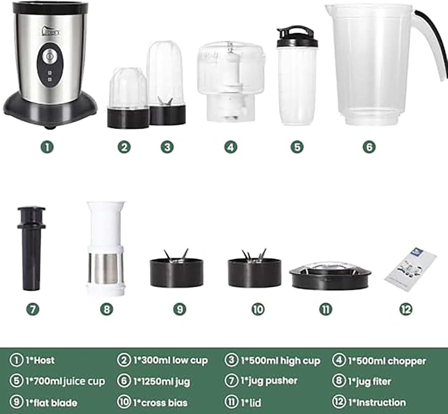 Smoothiemaker Uten Mixer Stainless Steel Mixer/Kitchen Robot 5-in-1 Multifunctional Blender, Fruit Press, Meat Grinder, Ice Breaker, Coffee Grinder with 600ml Travel Sports Bottles for Home Camping