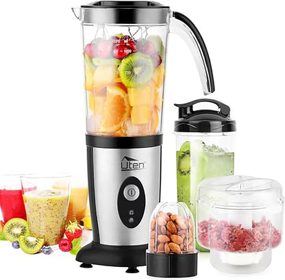 Smoothiemaker Uten Mixer Stainless Steel Mixer/Kitchen Robot 5-in-1 Multifunctional Blender, Fruit Press, Meat Grinder, Ice Breaker, Coffee Grinder with 600ml Travel Sports Bottles for Home Camping