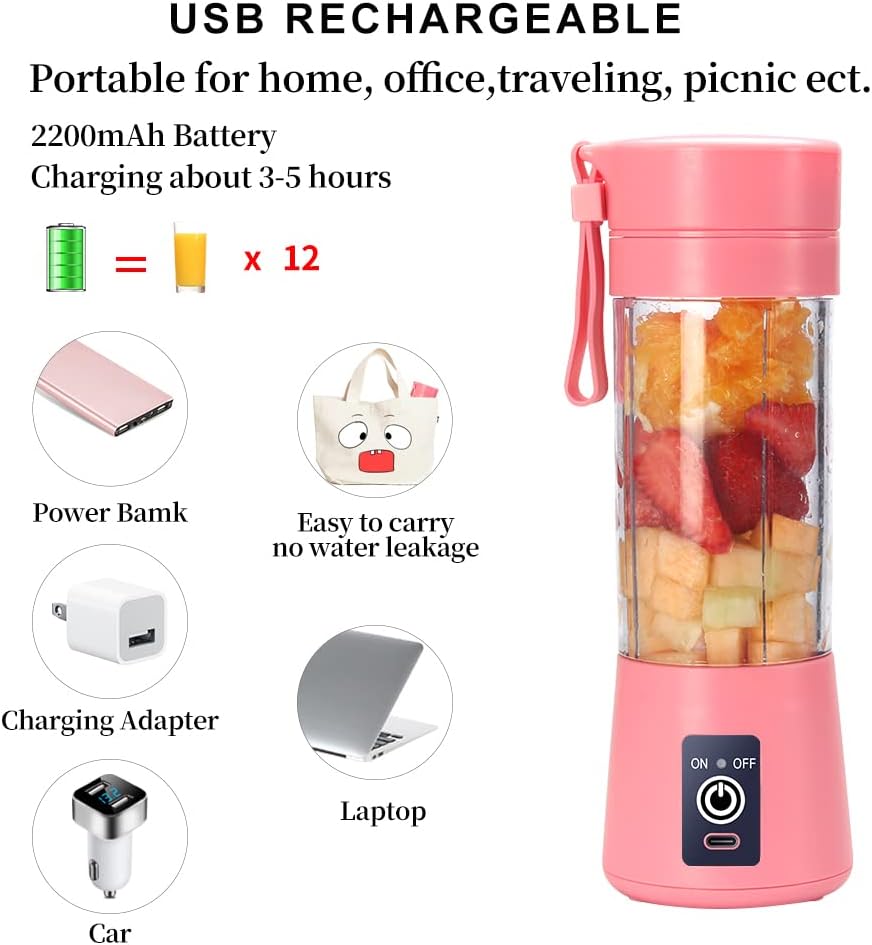 Portable Blender, Personal Juicer Cup, 380ml Handheld Fruit Mixer Machine USB Rechargeable with 6 Power Blades Travel Blender for Smoothies and Shakes (Pink)