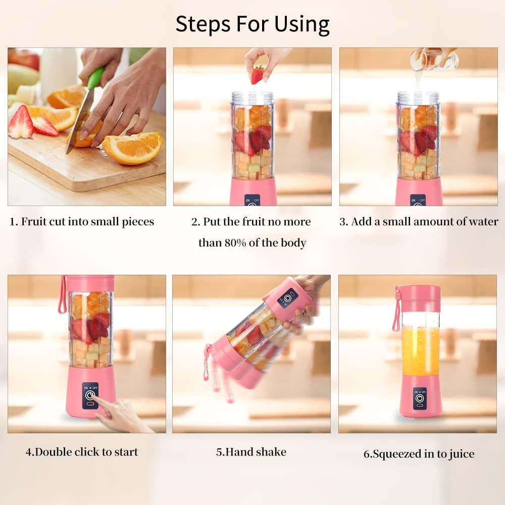 Portable Blender, Personal Juicer Cup, 380ml Handheld Fruit Mixer Machine USB Rechargeable with 6 Power Blades Travel Blender for Smoothies and Shakes (Pink)