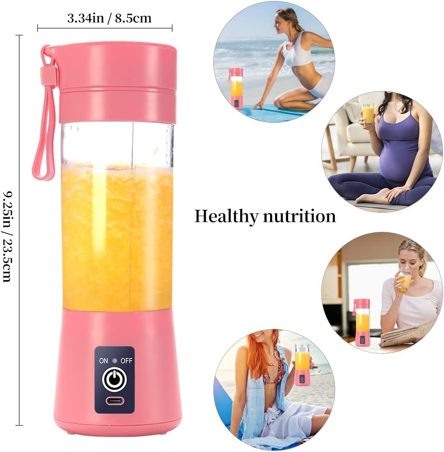 Portable Blender, Personal Juicer Cup, 380ml Handheld Fruit Mixer Machine USB Rechargeable with 6 Power Blades Travel Blender for Smoothies and Shakes (Pink)