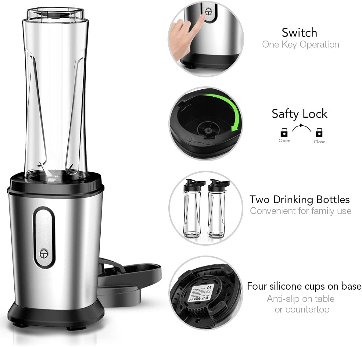 Mixer, 500 W Mini Blender & Smoothie Maker with 2 x 600 ml Bottles, BPA-Free Tritan, Portable Mixer, Stainless Steel Smoothie Maker, 4 Blades, for Shake, Smoothie, Silver