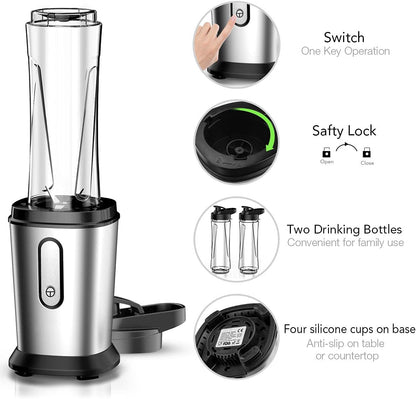 Mixer, 500 W Mini Blender & Smoothie Maker with 2 x 600 ml Bottles, BPA-Free Tritan, Portable Mixer, Stainless Steel Smoothie Maker, 4 Blades, for Shake, Smoothie, Silver