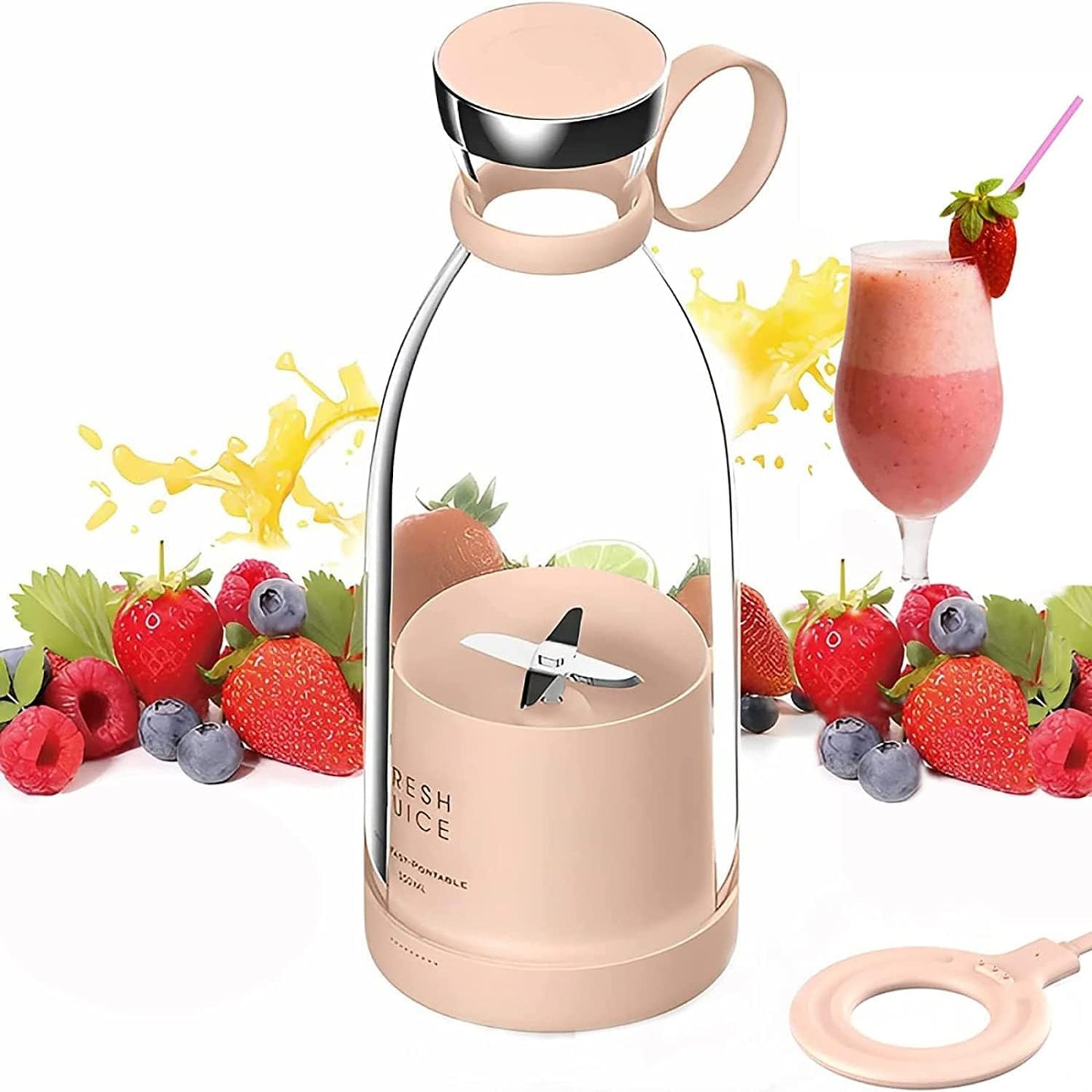 Fresh Juice Portable Blender for Smoothies, Personal Blender, Portable Wireless Rechargeable USB Sports Camping Fitness (Pink)