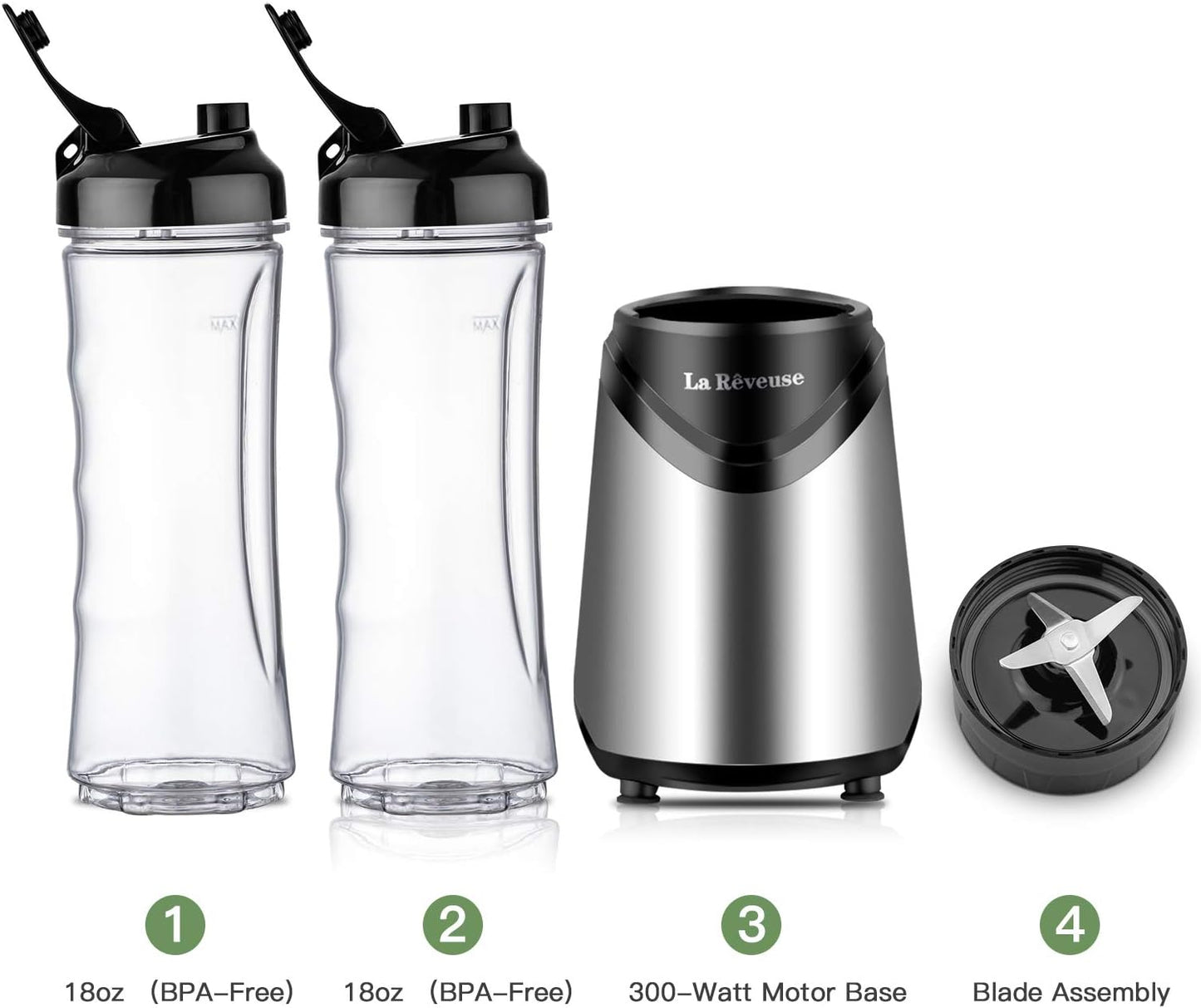 La Rêveuse Mix&Go Blender Smoothie Mixer Blender Electric 300 Watt Personal Size with 2 BPA Free Portable Travel Sports Bottles (550 ml), Silver