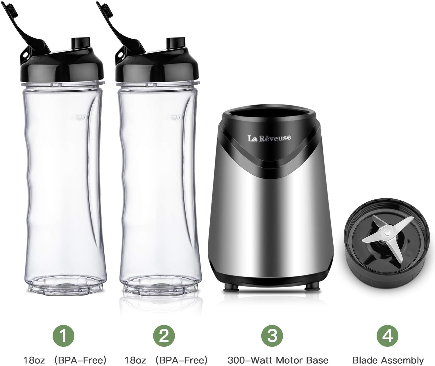 La Rêveuse Mix&Go Blender Smoothie Mixer Blender Electric 300 Watt Personal Size with 2 BPA Free Portable Travel Sports Bottles (550 ml), Silver