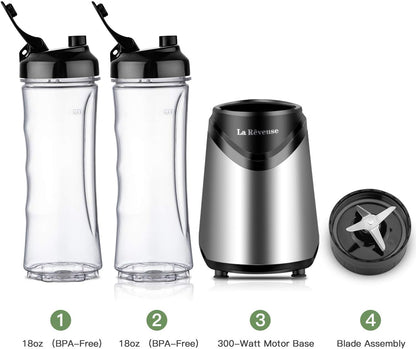 La Rêveuse Mix&Go Blender Smoothie Mixer Blender Electric 300 Watt Personal Size with 2 BPA Free Portable Travel Sports Bottles (550 ml), Silver