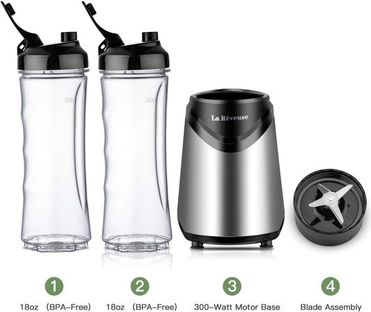 La Rêveuse Mix&Go Blender Smoothie Mixer Blender Electric 300 Watt Personal Size with 2 BPA Free Portable Travel Sports Bottles (550 ml), Silver
