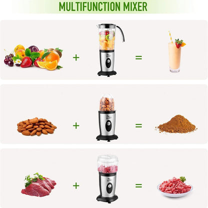 Smoothiemaker Uten Mixer Stainless Steel Mixer/Kitchen Robot 5-in-1 Multifunctional Blender, Fruit Press, Meat Grinder, Ice Breaker, Coffee Grinder with 600ml Travel Sports Bottles for Home Camping