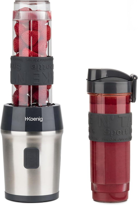 H.Koenig Mini Blender/Smoothie Maker Compact SMOO9, 570ml, BPA-free, 300W, Powerful, 2 bottles with travel lid, 4 stainless steel blades, Black