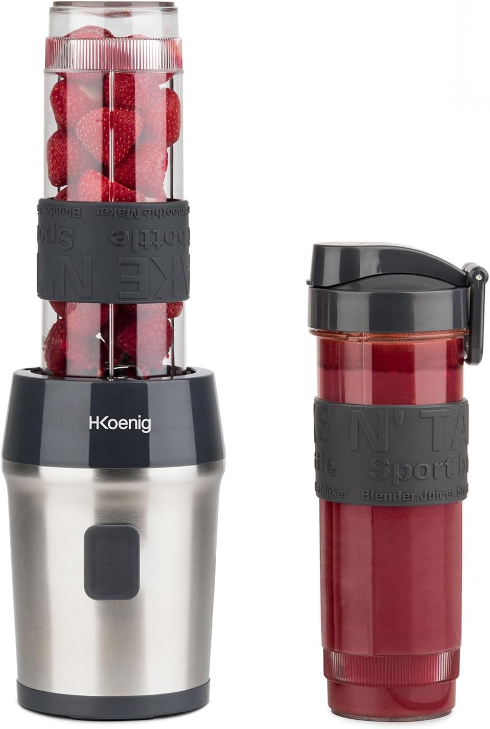 H.Koenig Mini Blender/Smoothie Maker Compact SMOO9, 570ml, BPA-free, 300W, Powerful, 2 bottles with travel lid, 4 stainless steel blades, Black