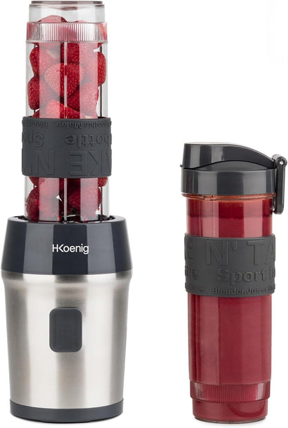 H.Koenig Mini Blender/Smoothie Maker Compact SMOO9, 570ml, BPA-free, 300W, Powerful, 2 bottles with travel lid, 4 stainless steel blades, Black