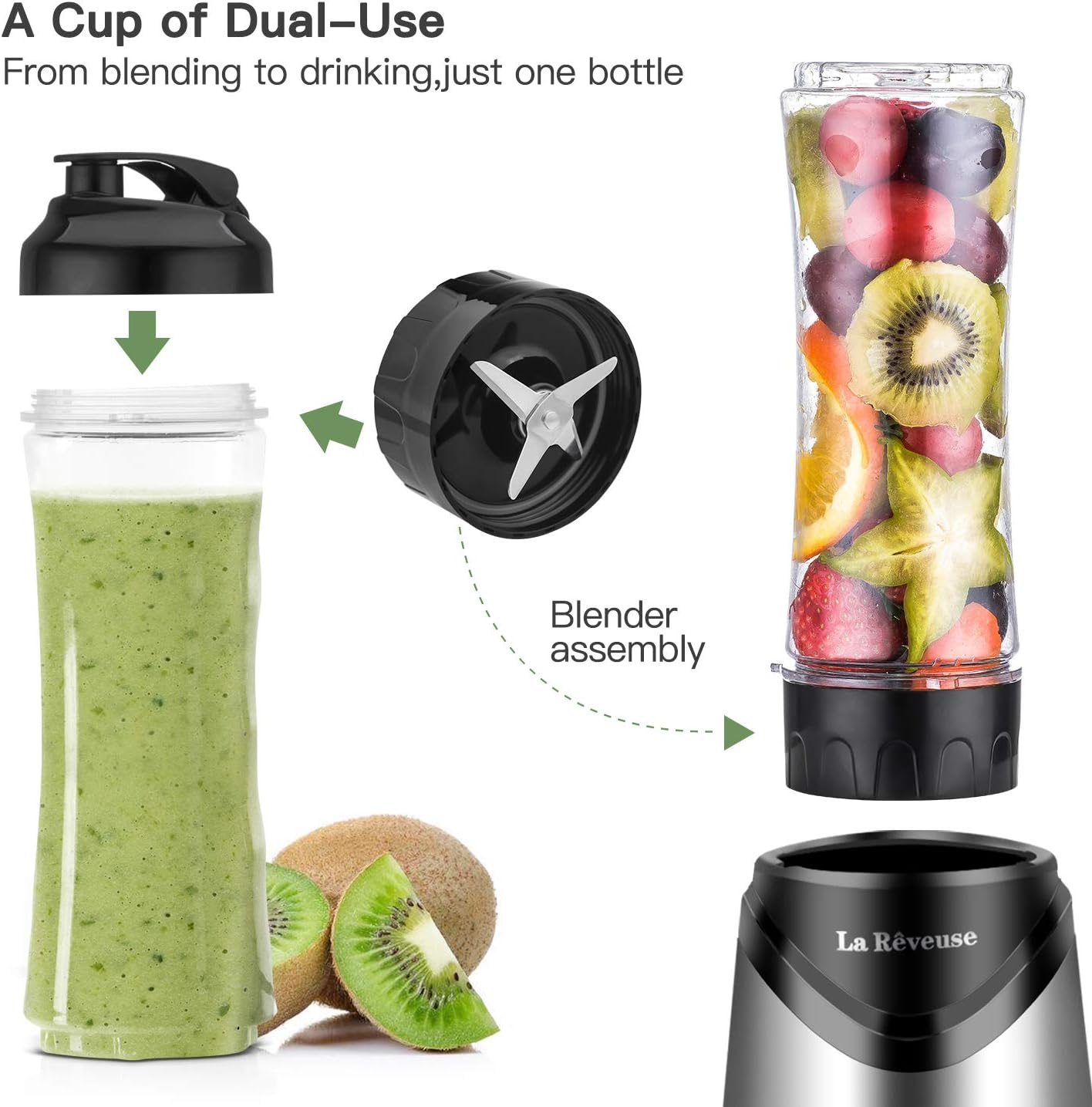 La Rêveuse Mix&Go Blender Smoothie Mixer Blender Electric 300 Watt Personal Size with 2 BPA Free Portable Travel Sports Bottles (550 ml), Silver