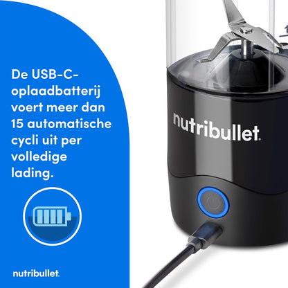 Nutribullet NBP003B Portable Mixer, 475ml, BPA Free Tritan Cup, Mini Mixing Machine with 4 Point Stainless Steel Blade, Multi-Function Mixer, USB-C Charger, 15+ Mixing Processes Black