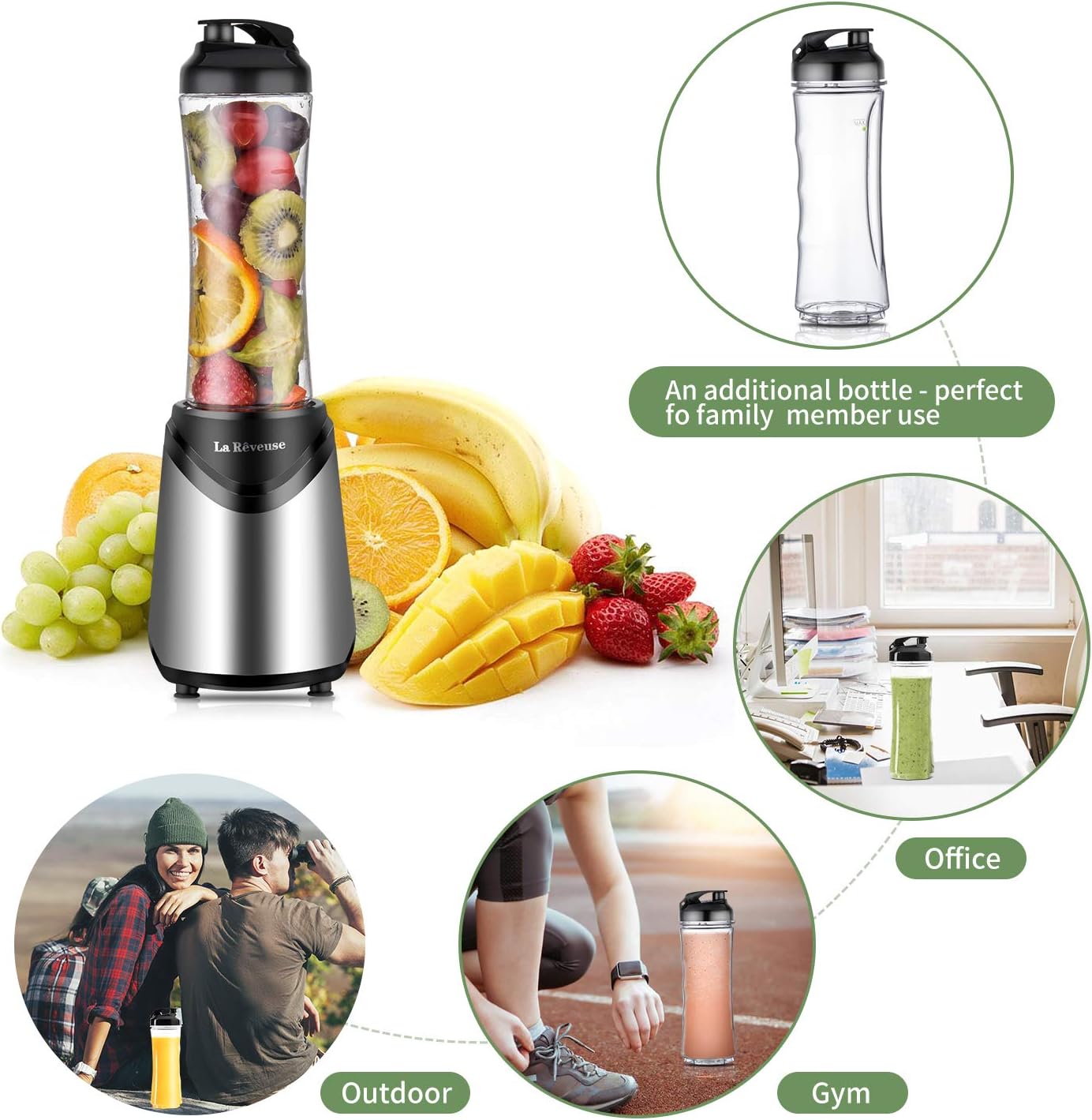 La Rêveuse Mix&Go Blender Smoothie Mixer Blender Electric 300 Watt Personal Size with 2 BPA Free Portable Travel Sports Bottles (550 ml), Silver