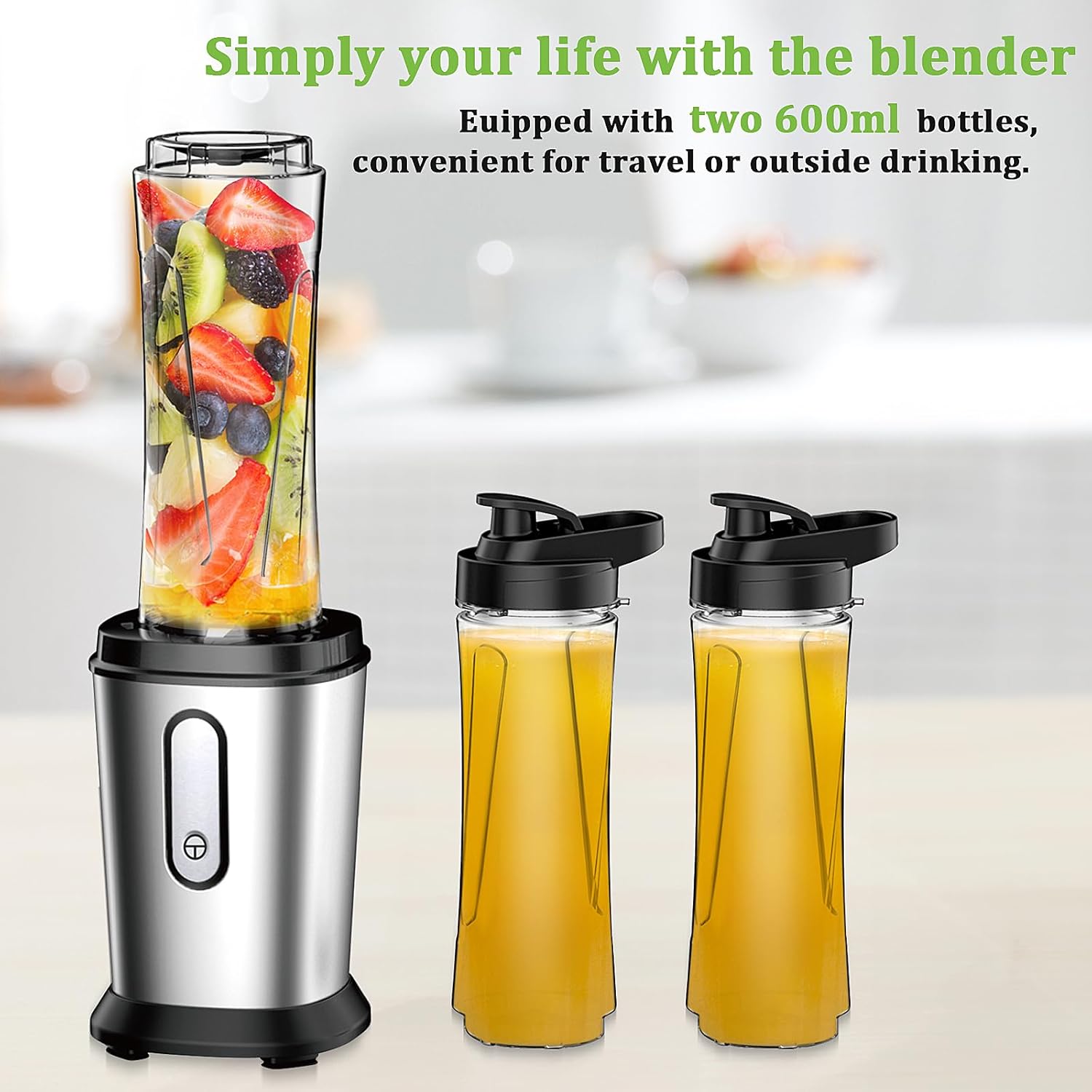 Mixer, 500 W Mini Blender & Smoothie Maker with 2 x 600 ml Bottles, BPA-Free Tritan, Portable Mixer, Stainless Steel Smoothie Maker, 4 Blades, for Shake, Smoothie, Silver