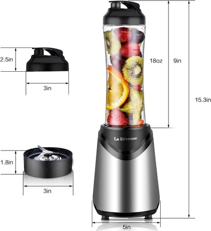 La Rêveuse Mix&Go Blender Smoothie Mixer Blender Electric 300 Watt Personal Size with 2 BPA Free Portable Travel Sports Bottles (550 ml), Silver