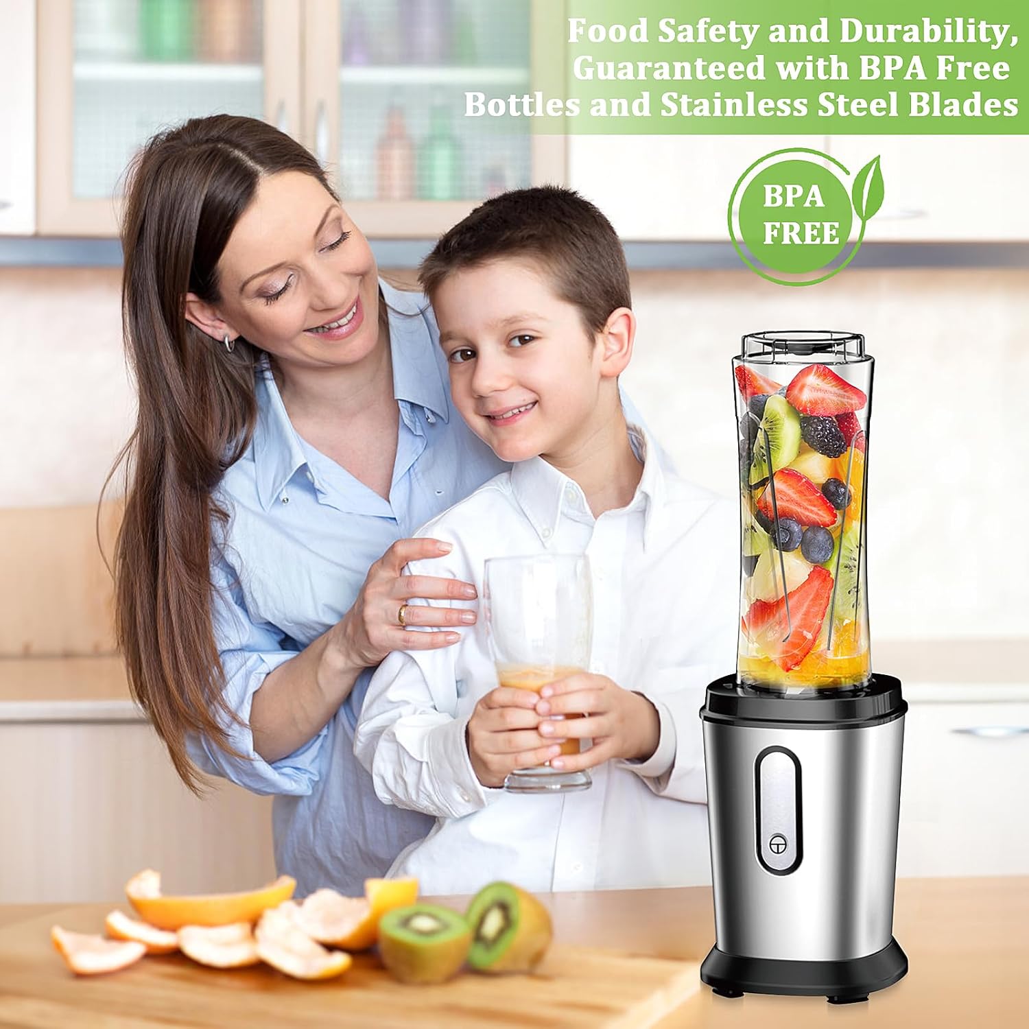 Mixer, 500 W Mini Blender & Smoothie Maker with 2 x 600 ml Bottles, BPA-Free Tritan, Portable Mixer, Stainless Steel Smoothie Maker, 4 Blades, for Shake, Smoothie, Silver