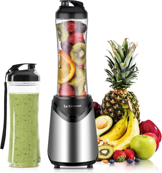 La Rêveuse Mix&Go Blender Smoothie Mixer Blender Electric 300 Watt Personal Size with 2 BPA Free Portable Travel Sports Bottles (550 ml), Silver