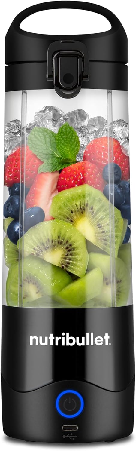 Nutribullet NBP003B Portable Mixer, 475ml, BPA Free Tritan Cup, Mini Mixing Machine with 4 Point Stainless Steel Blade, Multi-Function Mixer, USB-C Charger, 15+ Mixing Processes Black