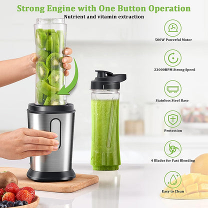 Mixer, 500 W Mini Blender & Smoothie Maker with 2 x 600 ml Bottles, BPA-Free Tritan, Portable Mixer, Stainless Steel Smoothie Maker, 4 Blades, for Shake, Smoothie, Silver