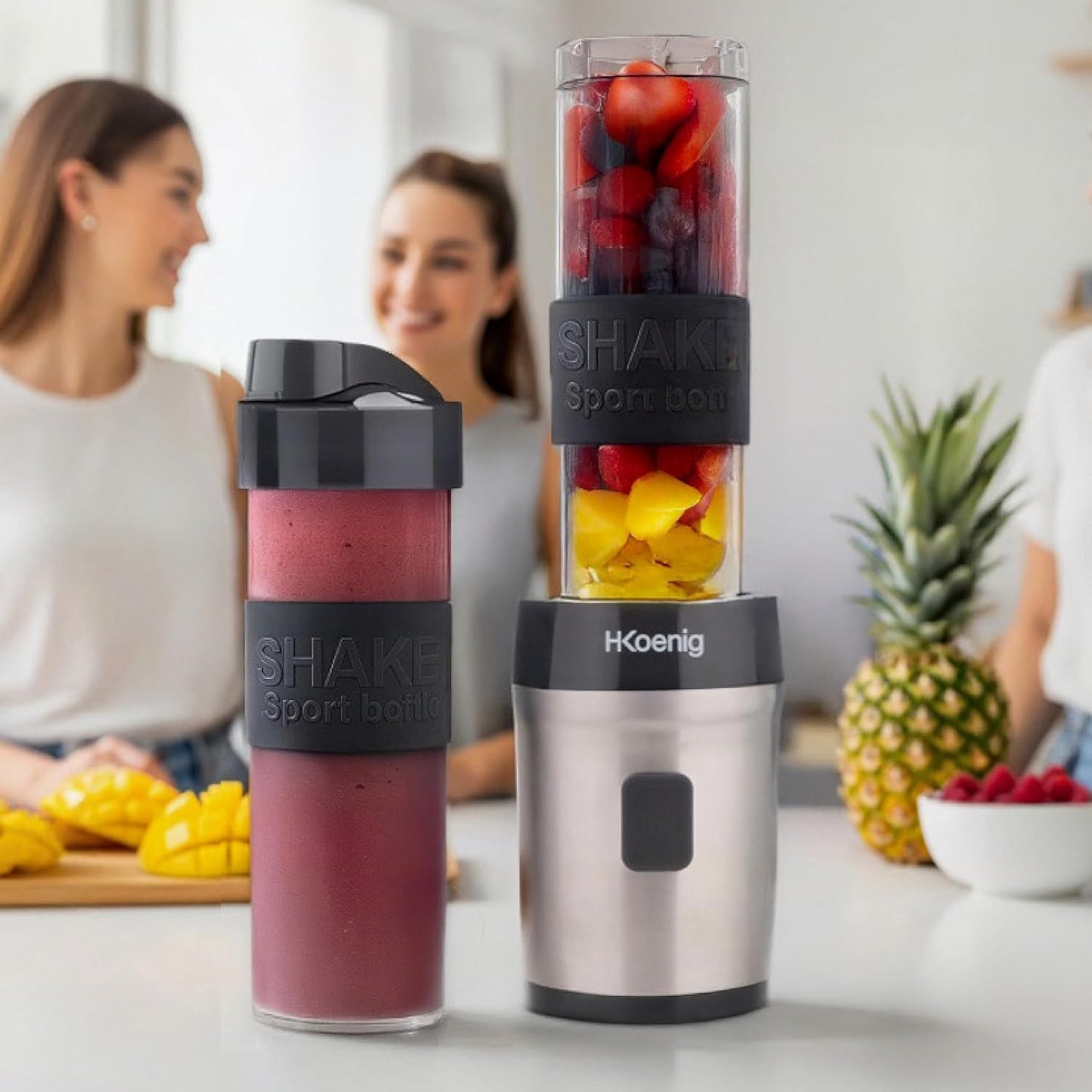 H.Koenig Mini Blender/Smoothie Maker Compact SMOO9, 570ml, BPA-free, 300W, Powerful, 2 bottles with travel lid, 4 stainless steel blades, Black