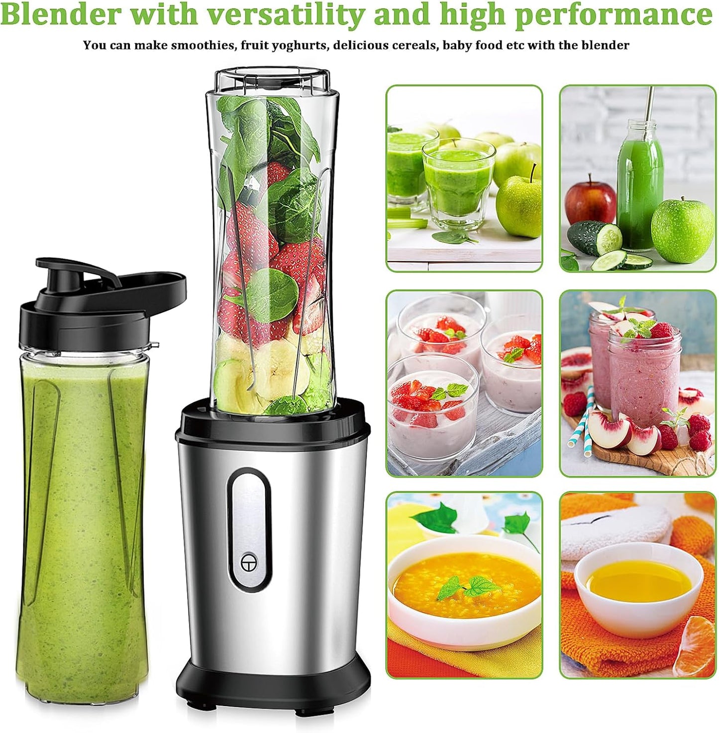 Mixer, 500 W Mini Blender & Smoothie Maker with 2 x 600 ml Bottles, BPA-Free Tritan, Portable Mixer, Stainless Steel Smoothie Maker, 4 Blades, for Shake, Smoothie, Silver